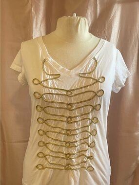 Allen B. by Allen Schwartz White V-Neck Tee with Gold Rope Embellishment